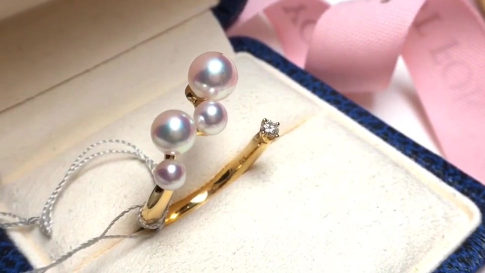 PMS 4-7mm Baby Akoya Luxury Pearl Adjustable Ring 18k Gold w/ Diamond - AAAA